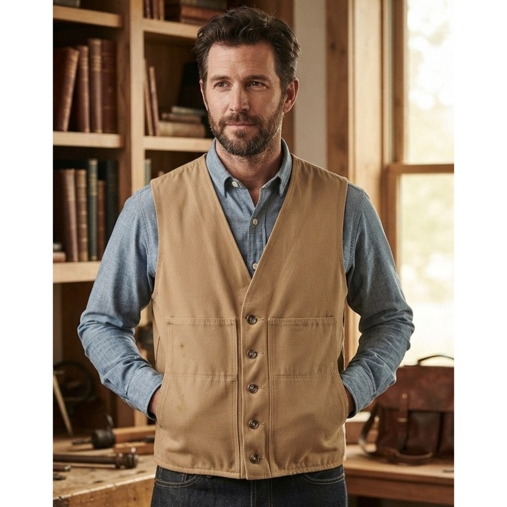 Vintage Filson Style 820 Moleskin Vest Men's 50 Tan Cotton Made in USA Hunting